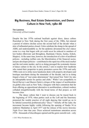 Big Business, Real Estate Determinism, and Dance Culture in New York, 1980–88