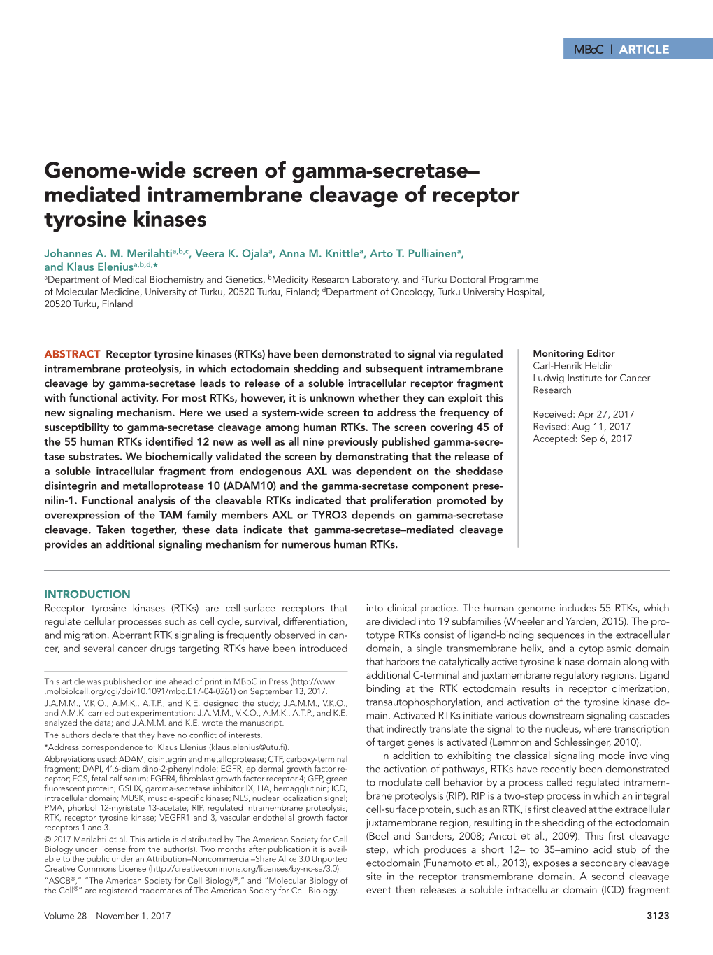 Genome-Wide Screen of Gamma-Secretase–Mediated Intramembrane Cleavage of Receptor Tyrosine Kinases
