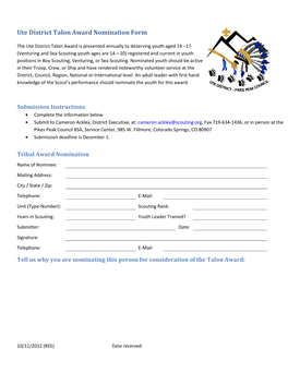 Ute District Talon Award Nomination Form