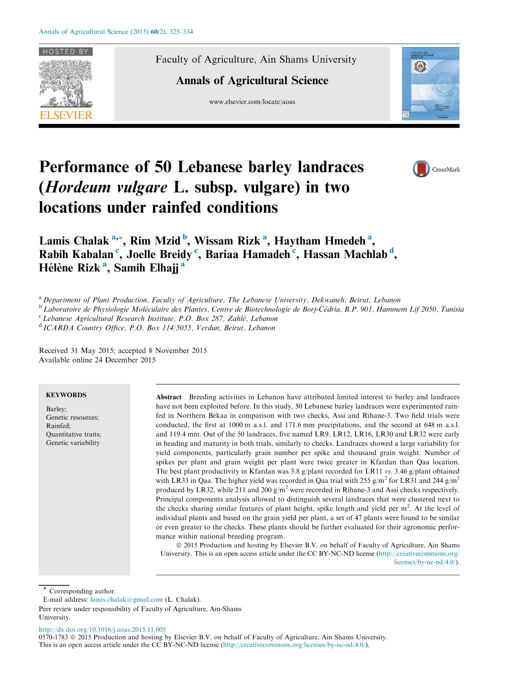 Performance of 50 Lebanese Barley Landraces (Hordeum Vulgare L