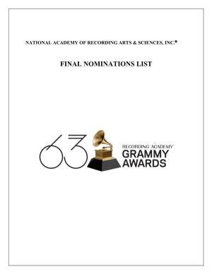 Final Nominations List the National Academy of Recording Arts & Sciences, Inc
