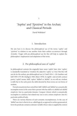 ' Sophia ' and ' Epistēmē ' in the Archaic and Classical Periods