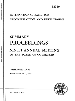 International Bank for Reconstruction and Development Summary Proceedings Ninth Annual Meeting of the Board of Governors