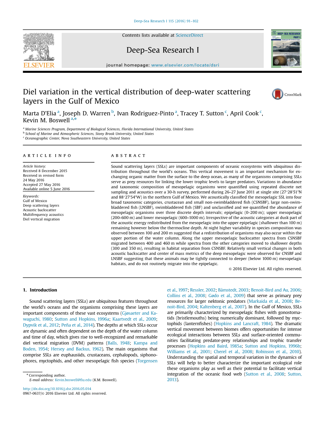 Diel Variation in the Vertical Distribution of Deep-Water Scattering Layers in the Gulf of Mexico