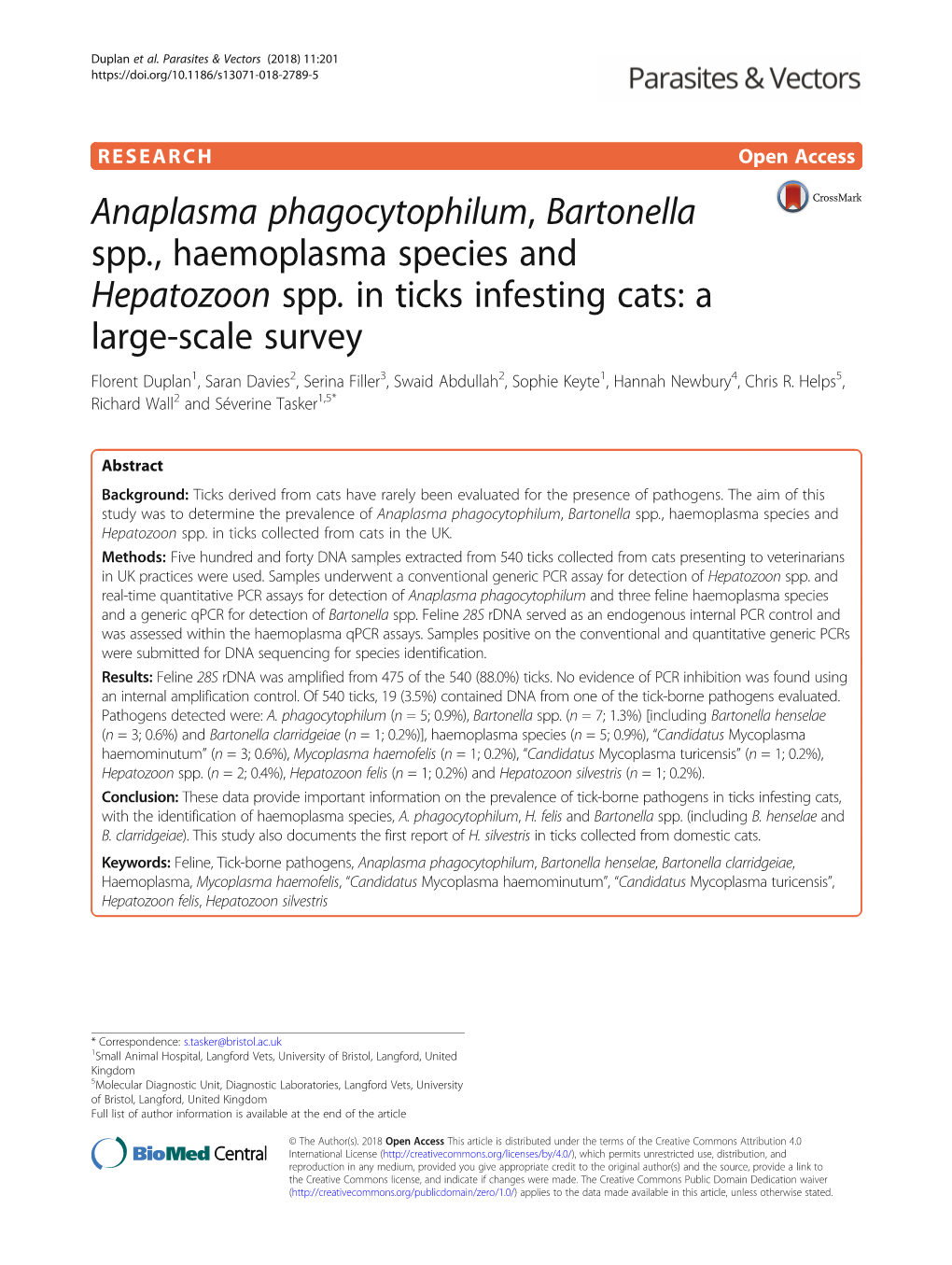 Anaplasma Phagocytophilum, Bartonella Spp., Haemoplasma Species and Hepatozoon Spp