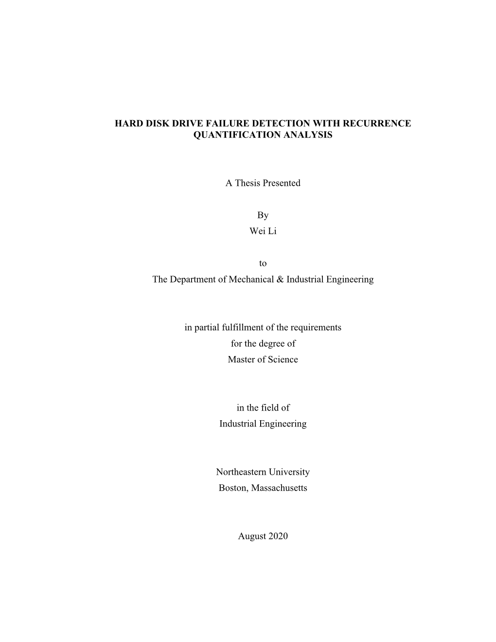 Hard Disk Drive Failure Detection with Recurrence Quantification Analysis