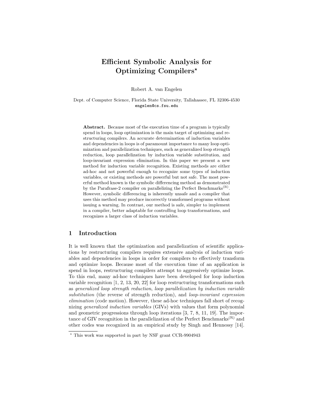 Efficient Symbolic Analysis for Optimizing Compilers*