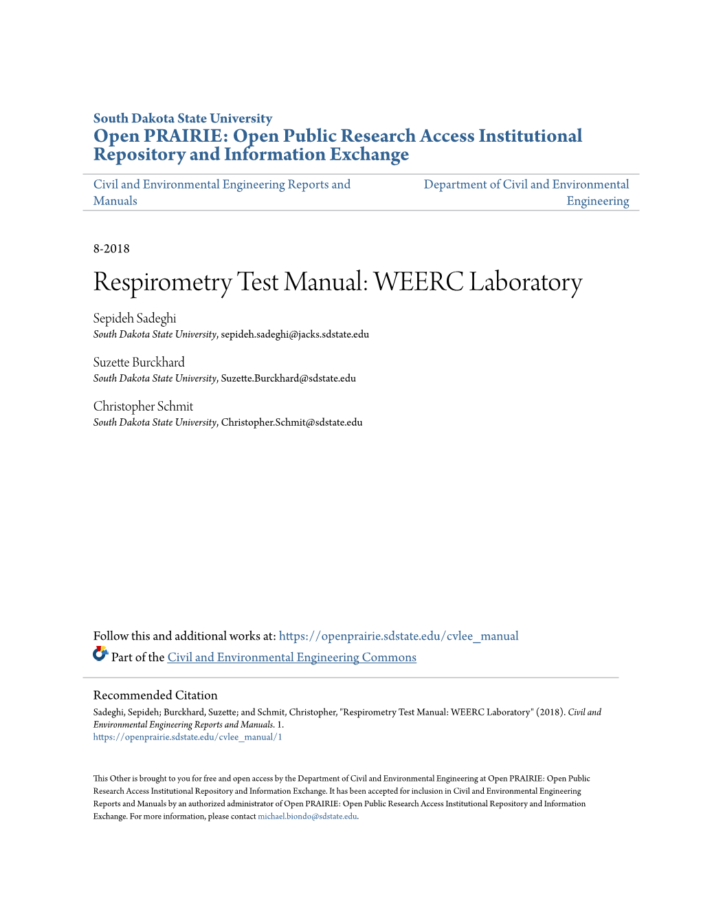 Respirometry Test Manual: WEERC Laboratory Sepideh Sadeghi South Dakota State University, Sepideh.Sadeghi@Jacks.Sdstate.Edu