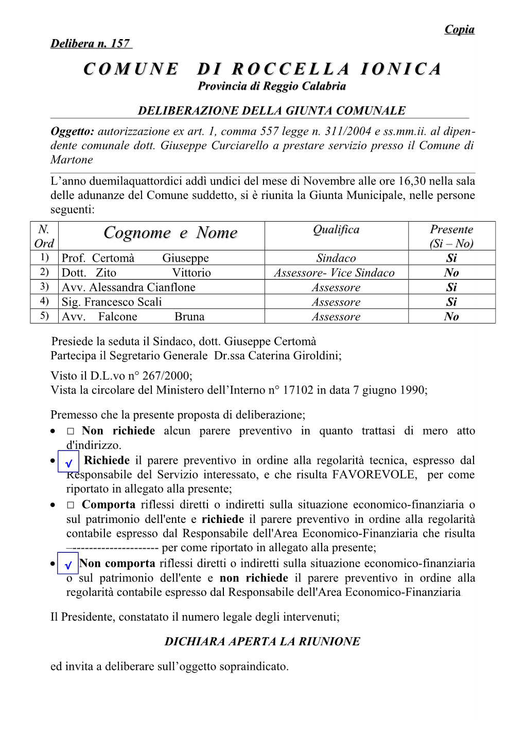 COMUNE DI ROCCELLA IONICA Cognome E Nome