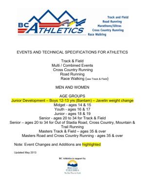 Events and Technical Specifications for Athletics