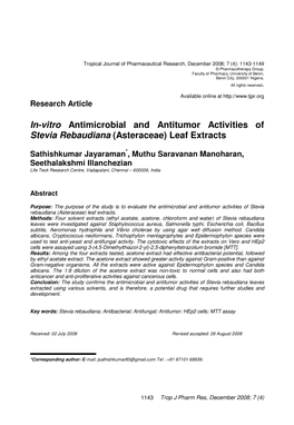 In-Vitro Antimicrobial and Antitumor Activities of Stevia Rebaudiana (Asteraceae) Leaf Extracts