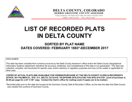 List of Recorded Plats in Delta County