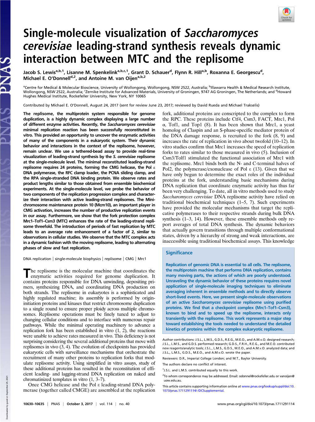 Single-Molecule Visualization of Saccharomyces Cerevisiae Leading-Strand Synthesis Reveals Dynamic Interaction Between MTC and the Replisome