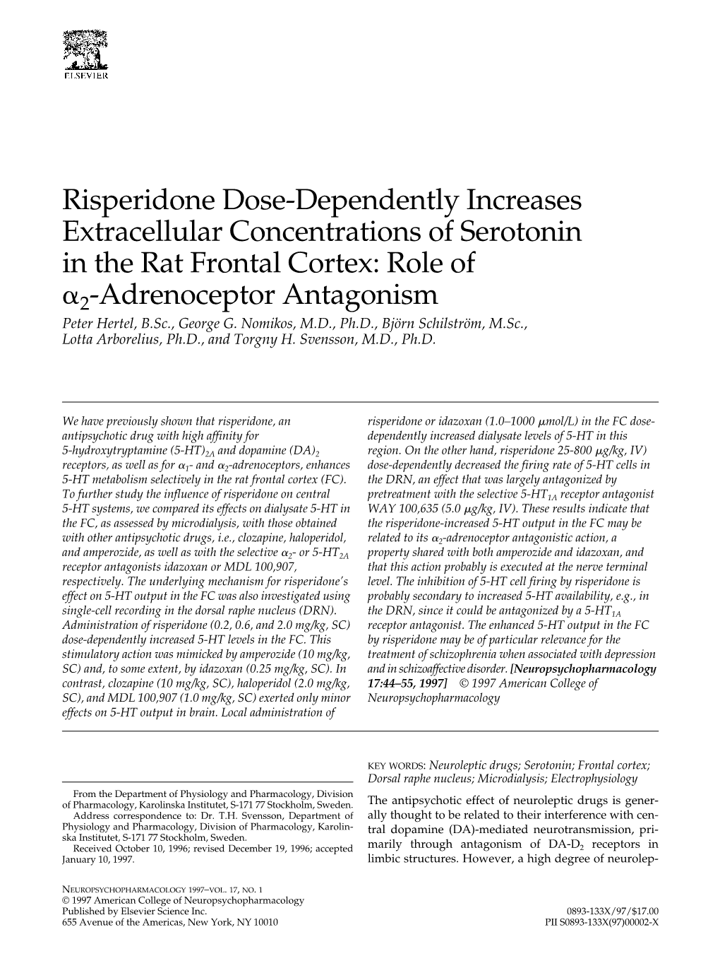 Risperidone Dose-Dependently Increases Extracellular Concentrations of Serotonin in the Rat Frontal Cortex