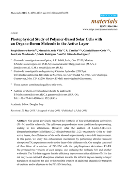 Photophysical Study of Polymer-Based Solar Cells with an Organo-Boron Molecule in the Active Layer