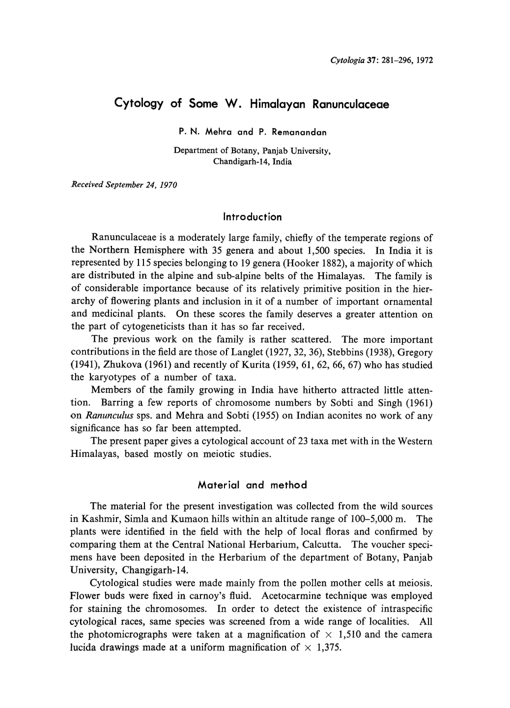 Cytology of Some W. Himalayan Ranunculaceae P. N. Mehra and P