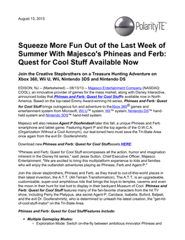 Squeeze More Fun out of the Last Week of Summer with Majesco's Phineas and Ferb: Quest for Cool Stuff Available Now
