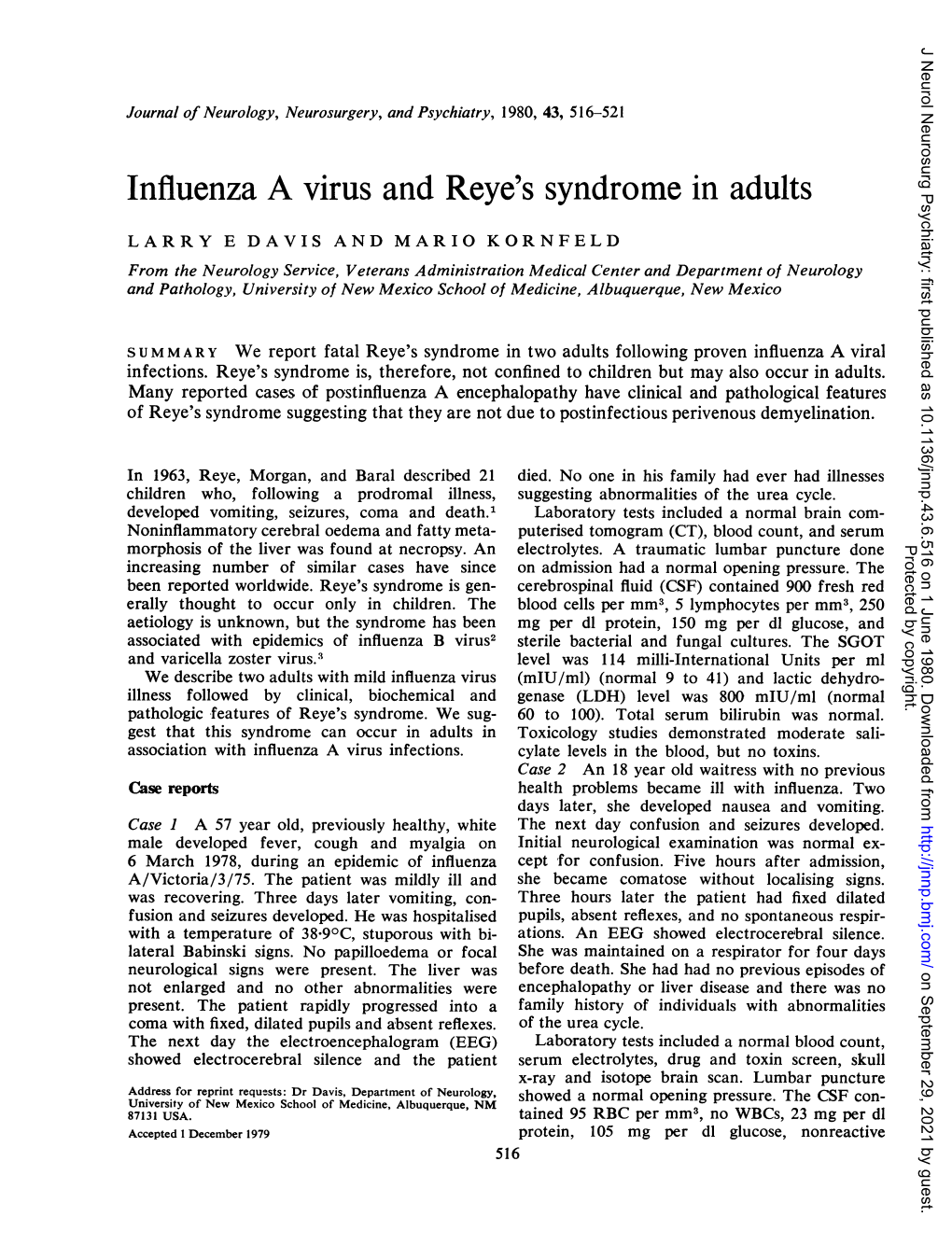 Influenza a Virus and Reye's Syndrome in Adults