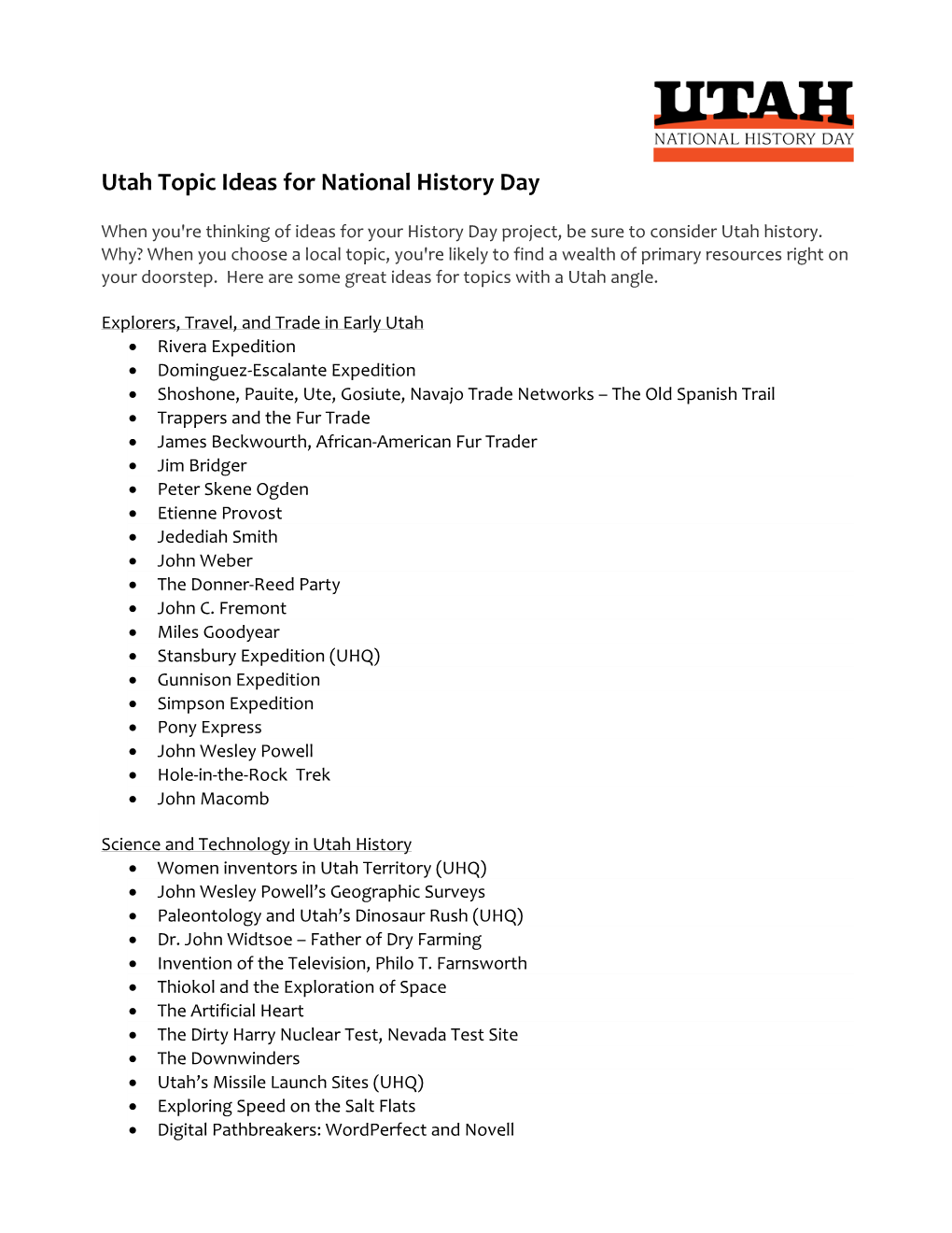 Utah Topic Ideas for National History Day