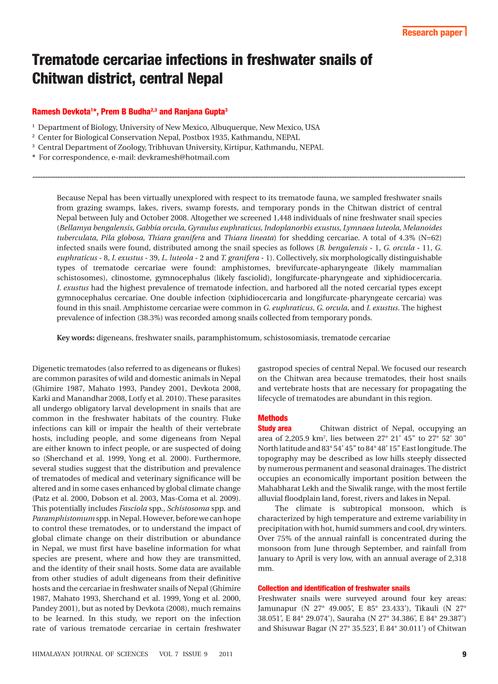 Trematode Cercariae Infections in Freshwater Snails of Chitwan District, Central Nepal