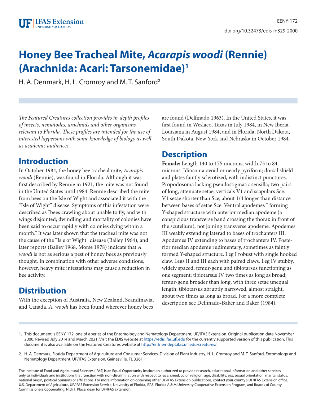 Honey Bee Tracheal Mite, Acarapis Woodi (Rennie) (Arachnida: Acari: Tarsonemidae)1 H