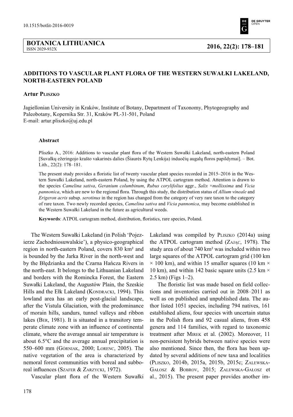 Additions to Vascular Plant Flora of the Western Suwałki Lakeland, North-Eastern Poland