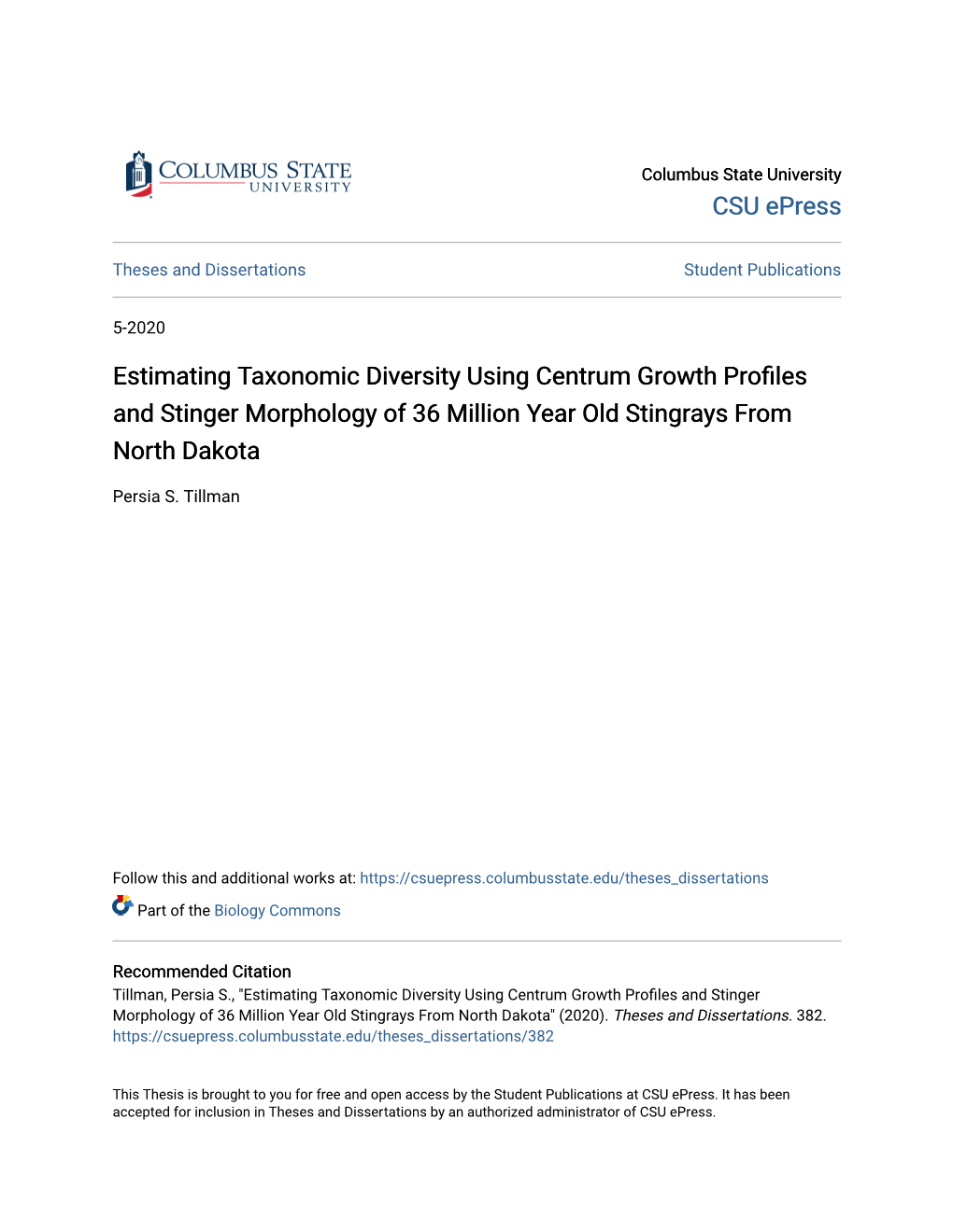 Estimating Taxonomic Diversity Using Centrum Growth Profiles and Stinger Morphology of 36 Million Year Old Stingrays from North Dakota