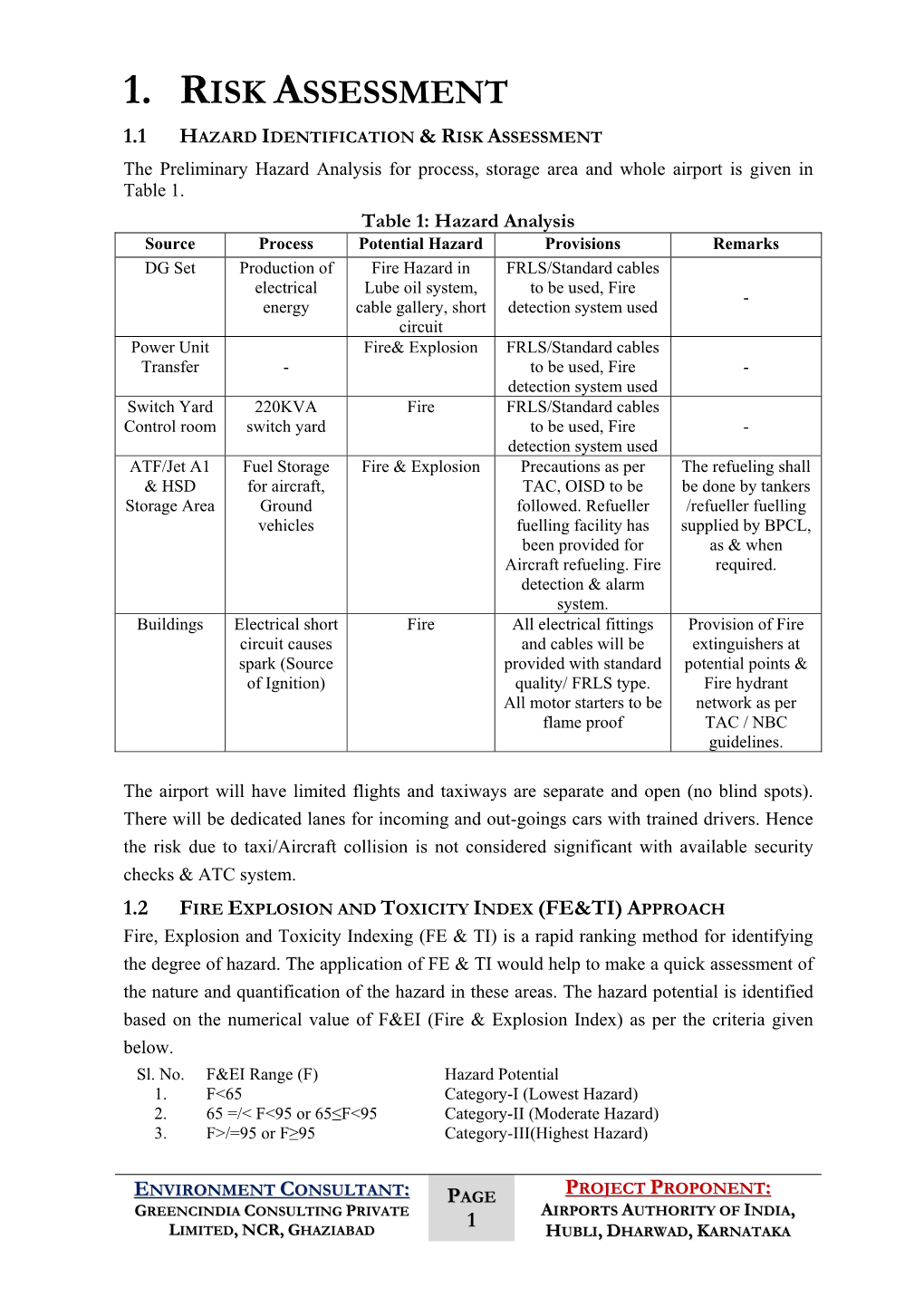 1. RISK ASSESSMENT 1.1 HAZARD IDENTIFICATION & RISK ASSESSMENT the Preliminary Hazard Analysis for Process, Storage Area and Whole Airport Is Given in Table 1