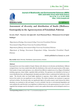 Assessment of Diversity and Distribution of Snails (Mollusca: Gastropoda) in the Agroecosystem of Faisalabad, Pakistan
