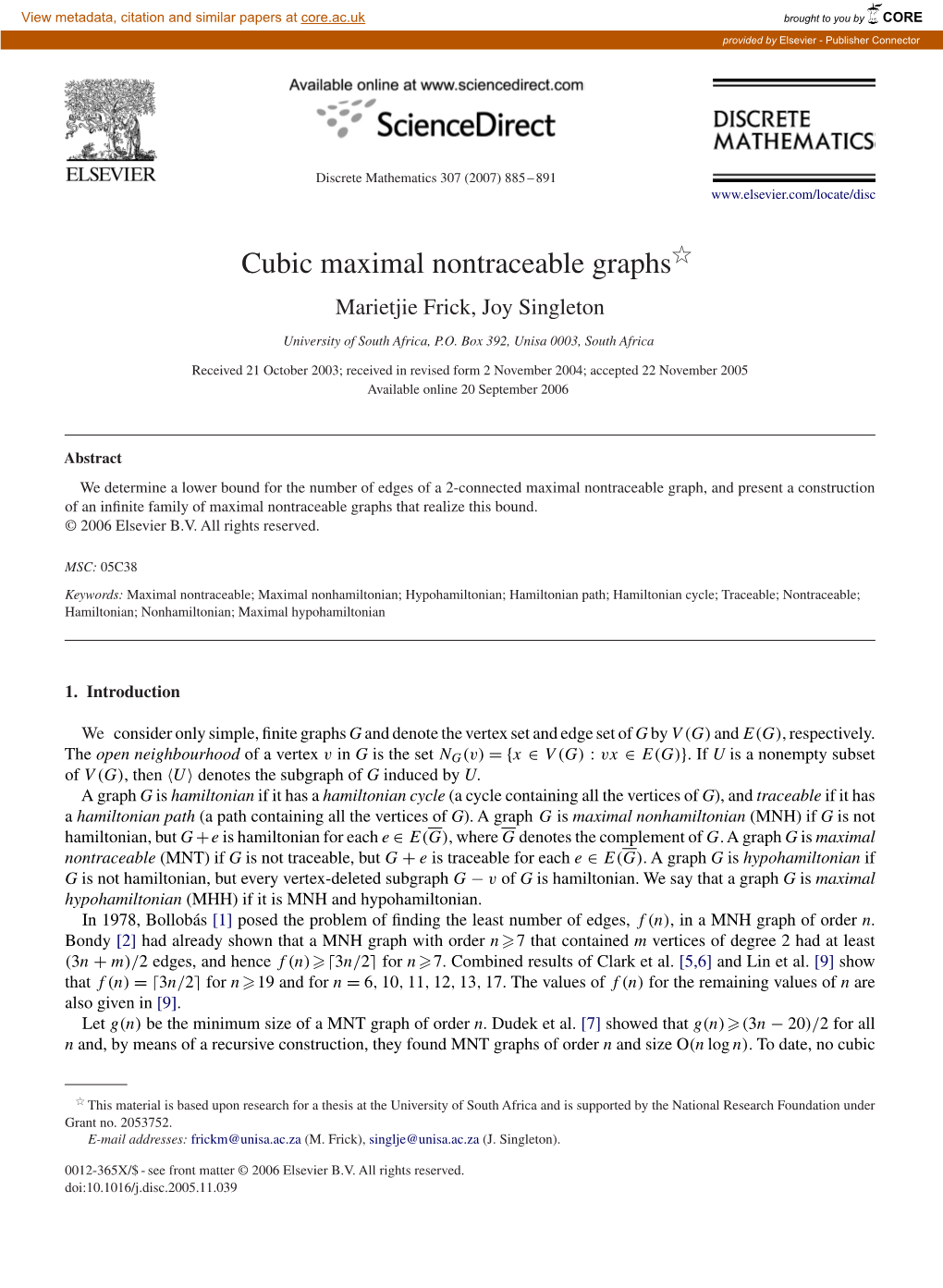 Cubic Maximal Nontraceable Graphsଁ Marietjie Frick, Joy Singleton