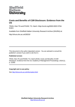Costs and Benefits of CSR Disclosure: Evidence from the US TRAN, Hien Thi and PHAM, T.S