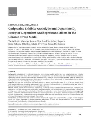 Cariprazine Exhibits Anxiolytic and Dopamine D Receptor-Dependent