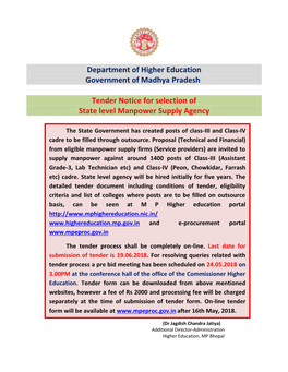 Department of Higher Education Government of Madhya Pradesh P Tender Notice for Selection of State Level Manpower Supply Agency