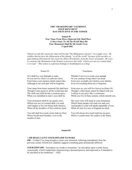 Sonnet 81 Your Name from Hence Immortal Life Shall Have I, Once Gone, to All the World Must Die Your Monument Shall Be My Gentle Verse 3 April 1601