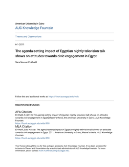 The Agenda-Setting Impact of Egyptian Nightly Television Talk Shows on Attitudes Towards Civic Engagement in Egypt