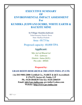 EXECUTIVE SUMMARY of ENVIRONMENTAL IMPACT ASSESSMENT for KUMHRA JUDWANI OCHRE, WHITE EARTH & BAUXITE MINE