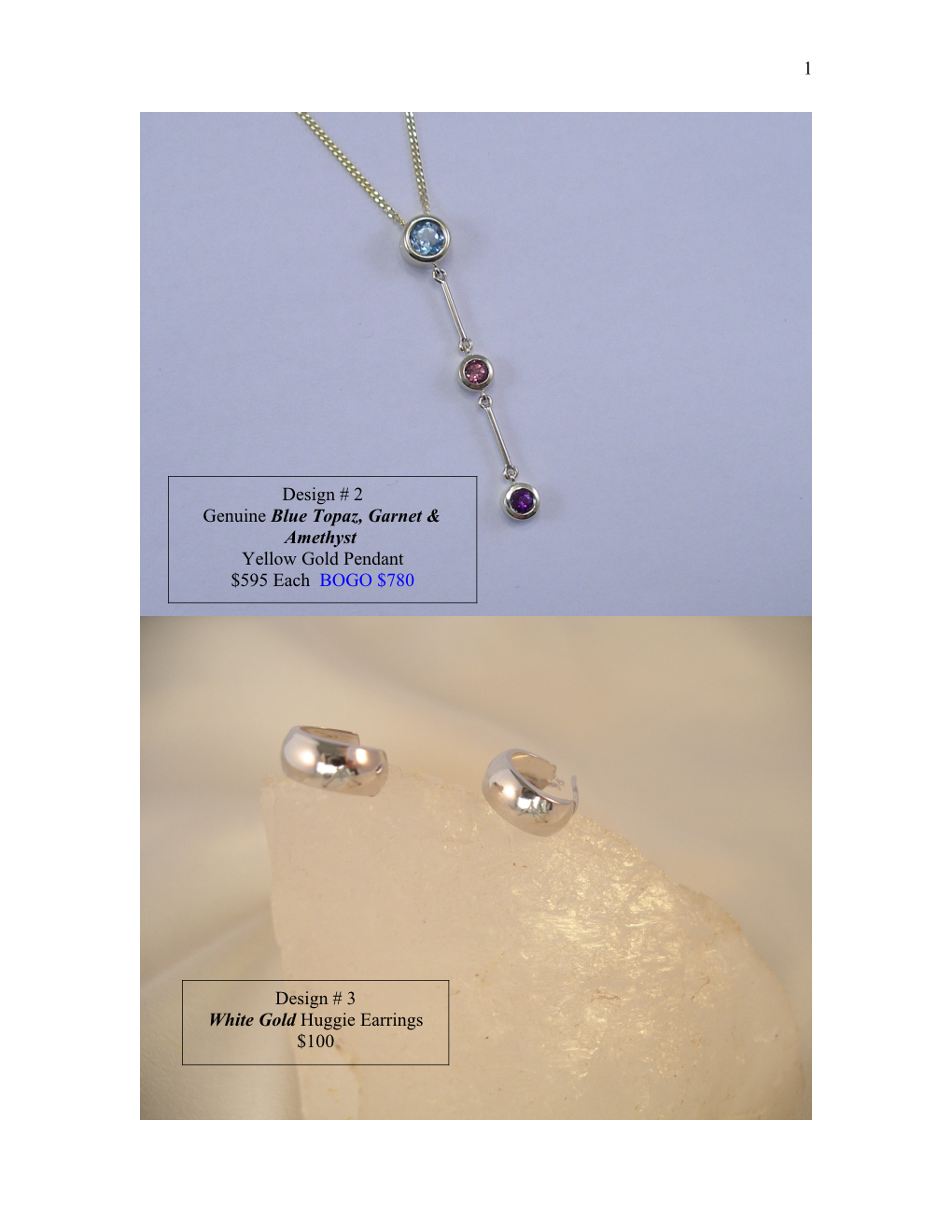 1 Design # 2 Genuine Blue Topaz, Garnet & Amethyst Yellow Gold