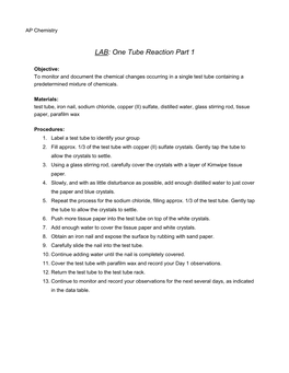 LAB: One Tube Reaction Part 1