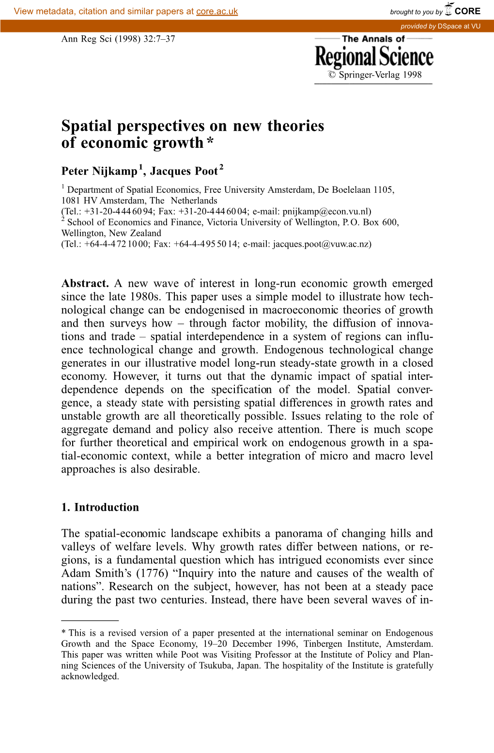 Spatial Perspectives on New Theories of Economic Growth*