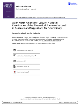 Asian North Americans' Leisure: a Critical Examination of the Theoretical Frameworks Used in Research and Suggestions for Future Study