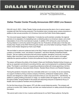 Dallas Theater Center Proudly Announces 2021-22 Live Season