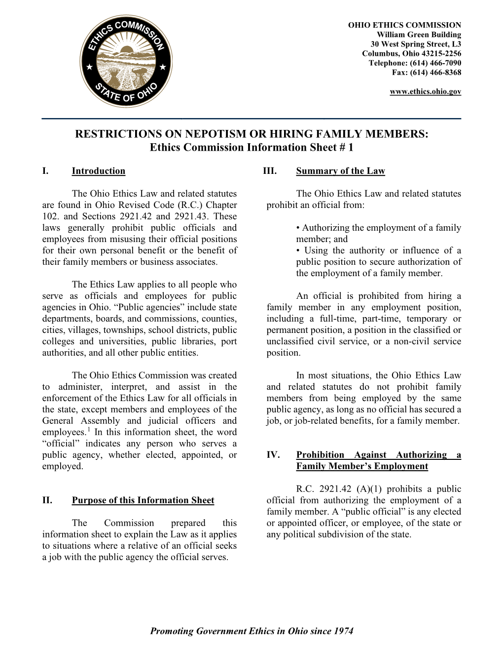 NEPOTISM OR HIRING FAMILY MEMBERS: Ethics Commission Information Sheet # 1