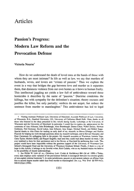 Passion's Progress: Modern Law Reform and the Provocation Defense