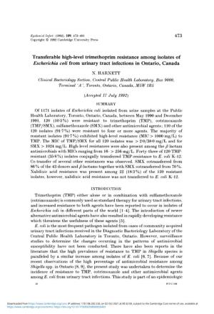Transferable High-Level Trimethoprim Resistance Among Isolates of Escherichia Coli from Urinary Tract Infections in Ontario, Canada