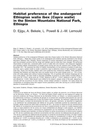 Habitat Preference of the Endangered Ethiopian Walia Ibex (Capra Walie) in the Simien Mountains National Park, Ethiopia