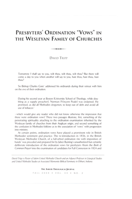 Presbyters' Ordination "Vows" in the Wesleyan Family of Churches