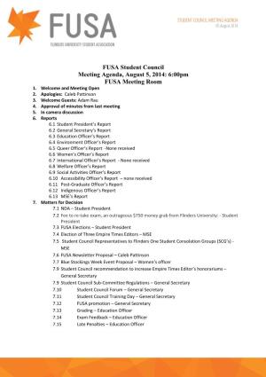 FUSA Student Council Meeting Agenda, August 5, 2014: 6:00Pm FUSA Meeting Room 1