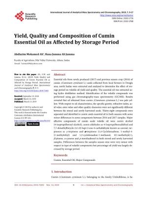 Yield, Quality and Composition of Cumin Essential Oil As Affected by Storage Period