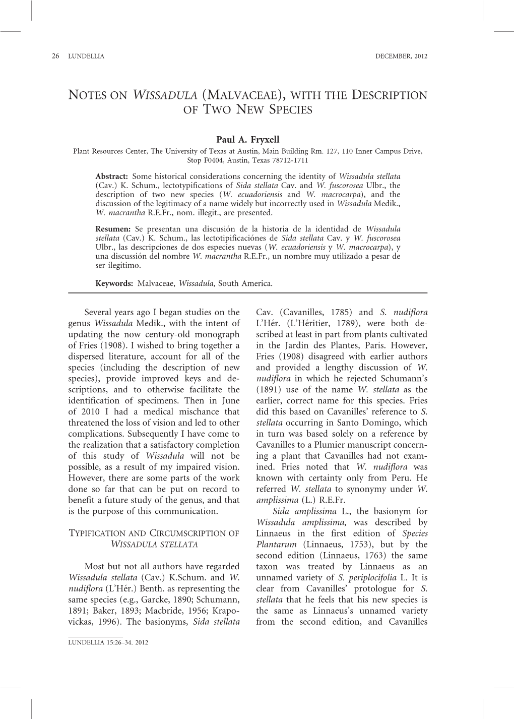 Notes on Wissadula (Malvaceae), with the Description of Two New Species