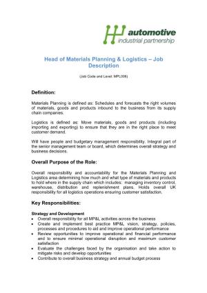 Head of Materials Planning & Logistics – Job Description